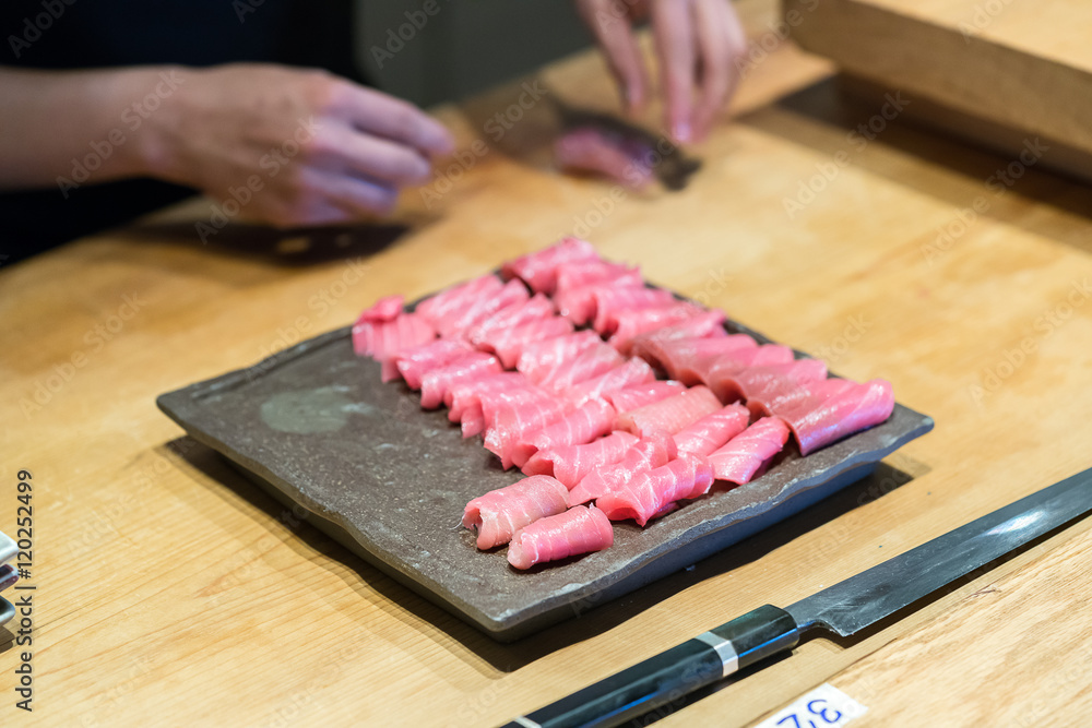 Japanese Otoro Sashimi (Raw Belly Fatty Tuna).
Japanese Otoro Sashimi (Raw Belly Fatty Tuna).