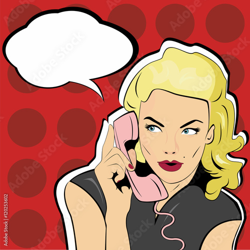 Pop Art illustration of woman with the speech bubble ant retro telephone. Pop Art girl. Party invitation. Birthday greeting card. Call me. Cute girl surprised by the call. Vintage pop art poster. sexy