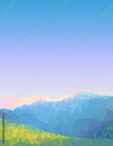 Geometric polygonal mountain landscape. Vector background of polygonal low poly mountain view. Highlands landscape, vector background for flyer, advertising, banner, ads, poster