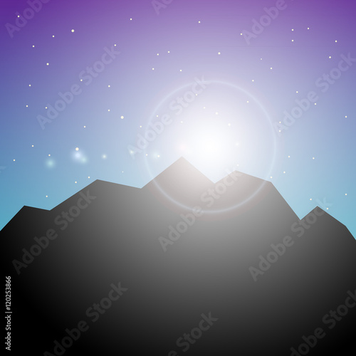 Black silhouette of mountains and starry night sky. Vector background for flyer  advertising  banner  ads  poster. Polar night landscape. Sun and dark sky at the North Pole
