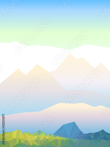 Geometric polygonal mountain landscape. Vector background of polygonal low poly mountain view. Highlands landscape, vector background for flyer, advertising, banner, ads, poster