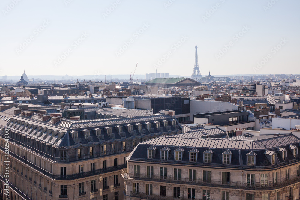Panorama of Paris with Eiffel Tower. View from from Galeries Lafayette.