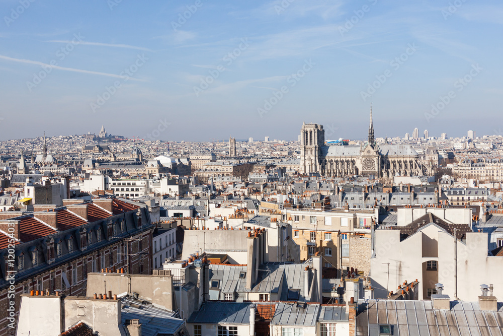 Panorama of Paris with Cathedral Notre Dame de Paris and Basilic