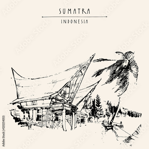 Houses on lake Toba, Sumatra, Indonesia, Asia. Unique traditional Batak tribal architechture. Travel sketch. Hand-drawn vintage book illustration, greeting card, postcard or poster template