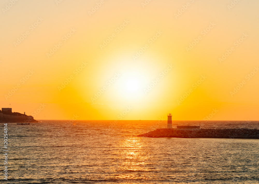 clean image of scenic sunset on the sea in Kusadas, Turkey 
