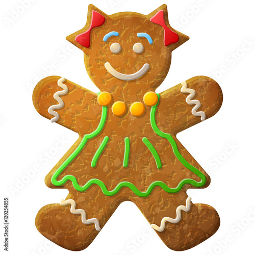 Gingerbread woman decorated colored icing. Holiday cookie in shape of girl. Qualitative vector illustration for new years day, christmas, winter holiday, cooking, new years eve, food, silvester, etc