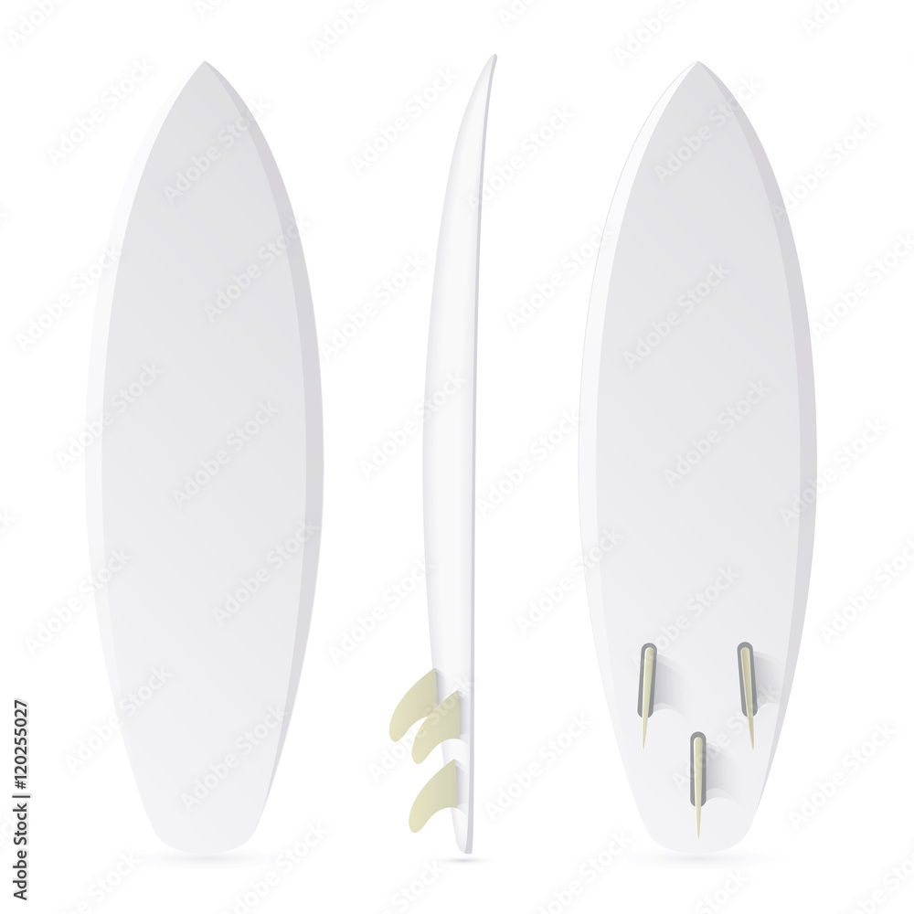 Vector surf fish board with three sides. Blank template. Three projections. Realistic blank surfboard isolated on white. Vector illustration Vector surf fish board with three sides. Blank template. Three projections. Realistic blank surfboard isolated on white. Vector illustration