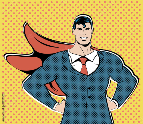 Businessman superhero work flight business concept retro style pop art. A grown man in a business suit. The image of bravery and courage. Retro style pop art. Finance concept