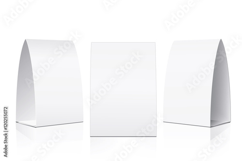 Blank Table Tent isolated on white background. Paper vertical cards on white background with reflections. Front, left and right view. Vector illustration.