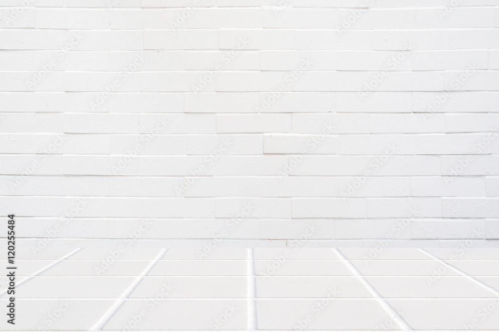 white ceramic mosaic floor and white brick wall