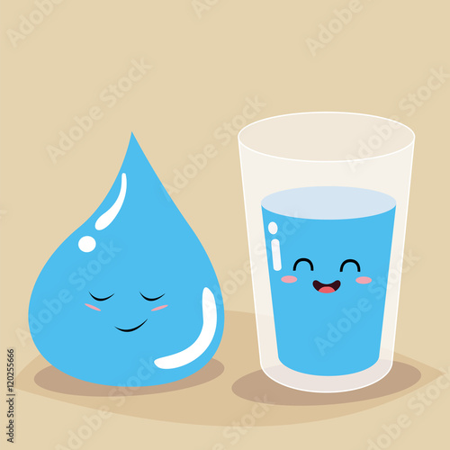 Glass of water and drop water with the inscription drink more water. Vector illustration.