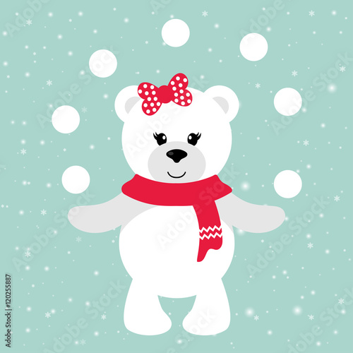 cartoon winter bear girl with snowball 