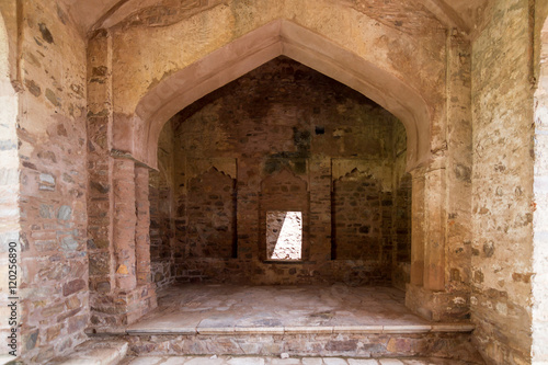 The historical ruins of the now famous Bhangarh Fort with ruins of temples, shops, gates and ramparts in the Rajgarh municipality of the Alwar district in the state of Rajasthan in India 