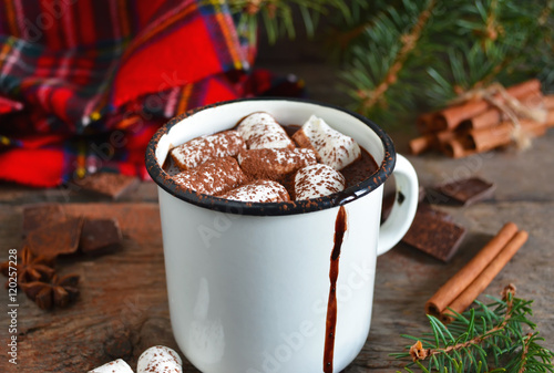 Hot chocolate with marshmallows and cinnamon, rustic