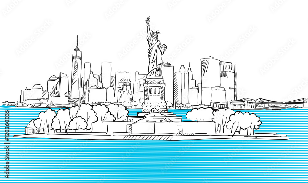 Liberty Statue with New York City Skyline Sketch