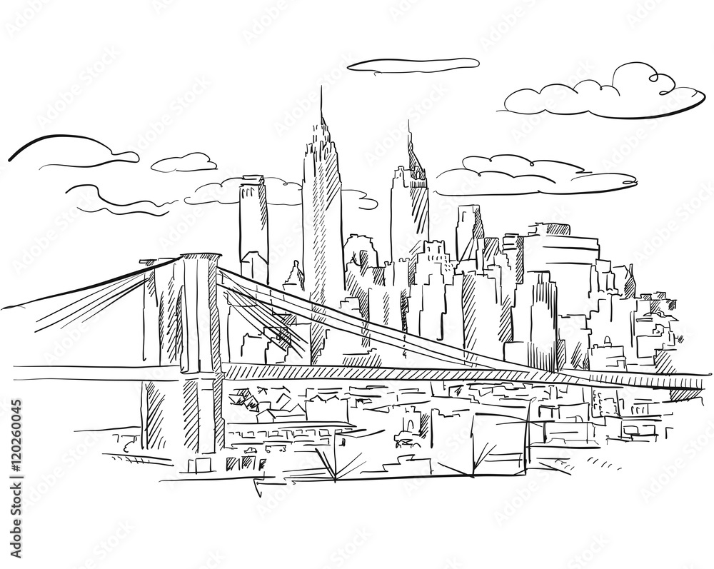 Manhattan and Brooklyn Bridge detailed Sketch