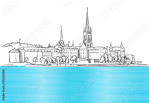 Stockholm Panorama with blue Water  Sketch