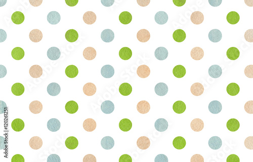 Watercolor beige, green and blue polka dot background.