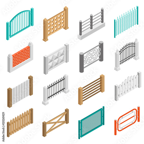 Fences Types Elements Icons Isometric Collection 