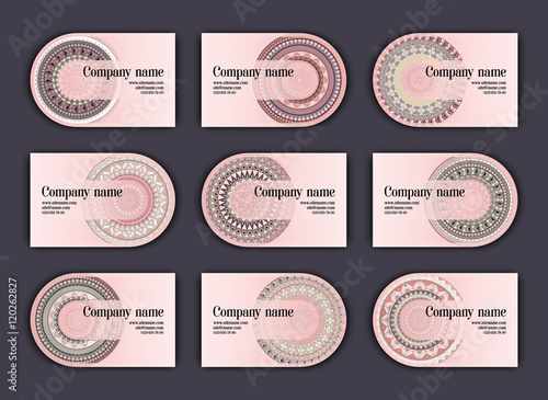 Vintage business visiting cards set. Ornamental mandala, ethnic circle decorative elements .