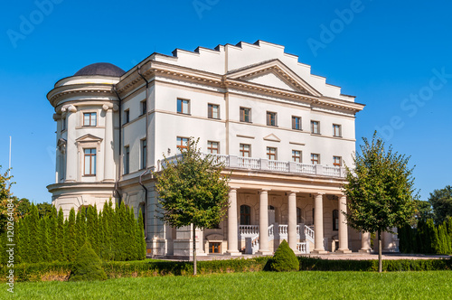 Razumovsky palace on a sunny day in Baturin, Ukraine (1803, arch