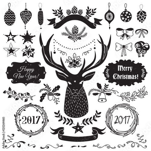 Vector Christmas and New Year set of badges, ribbons, ornaments, icons, frames, labels and design elements for greeting cards, gift tags, invitations. Black and white, vintage style