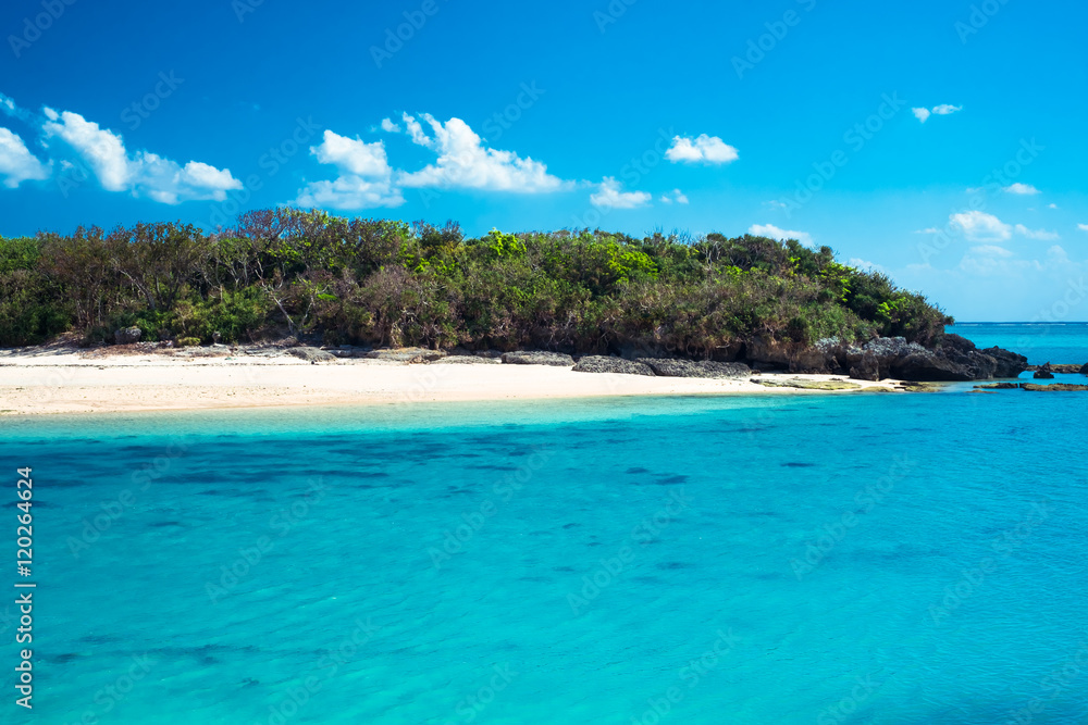 沖縄の海岸の前の小さな島と青い海