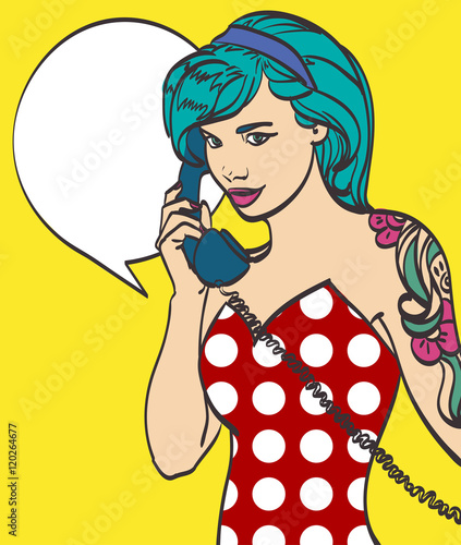 Vector colorful art of very beautiful subculture punk, hipster woman with phone, pin up, pop art illustration in vector format. Isolated eps10, more in my gallery.