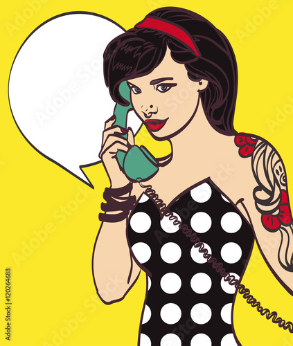 Vector colorful art of very beautiful subculture punk, hipster woman with phone, pin up, pop art illustration in vector format. Isolated eps10, more in my gallery.