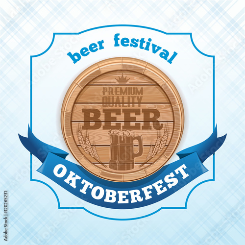 Oktoberfest card with wooden barrel for beer. Vector illustration