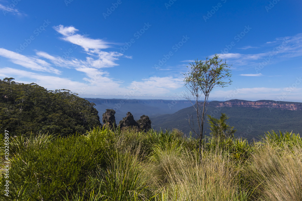 Green valley, blue sky clouds and three sisters rocks from echo point in Katoomba. Green valley, blue sky clouds and three sisters rocks from echo point in Katoomba.