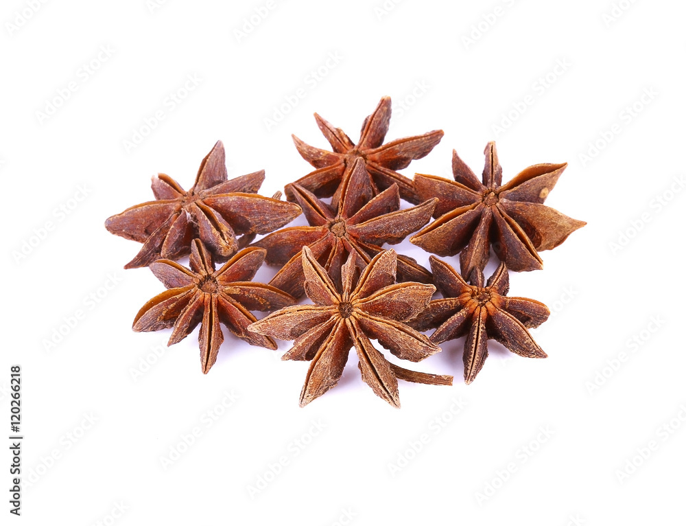 Star anise spice fruits and seeds isolated on white background