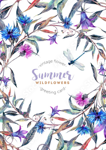 Hand drawn watercolor wildflower wreath