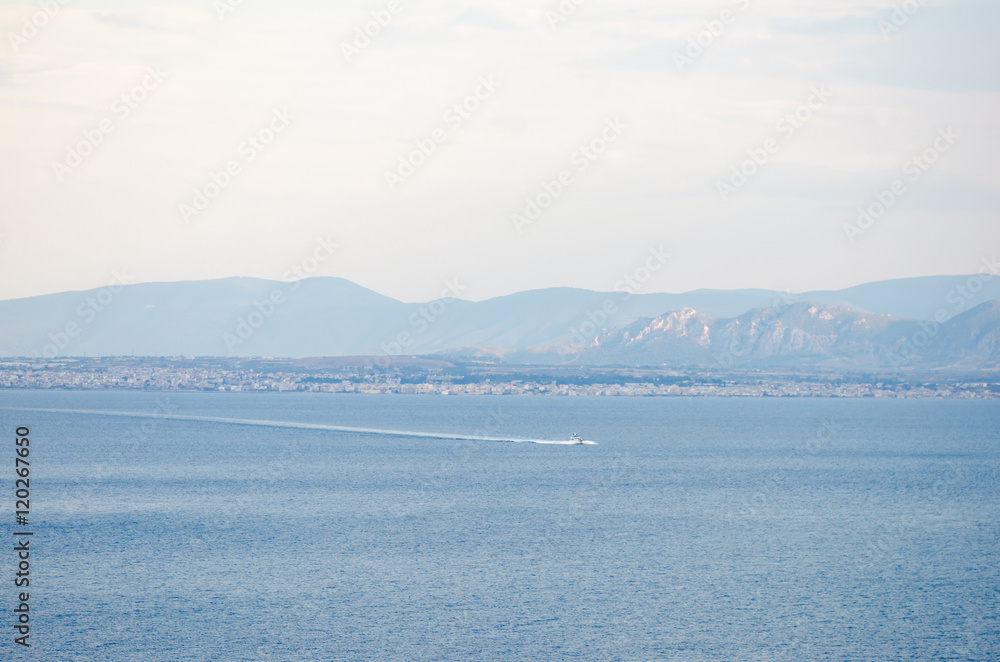 View of Ionian sea aith deep blue water and Corinthian port and