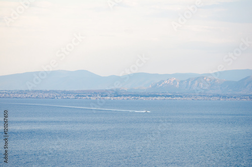 View of Ionian sea aith deep blue water and Corinthian port and