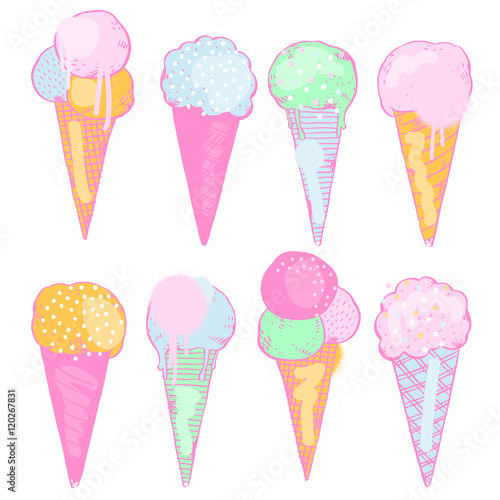 Vector illustration with cute hand-drawn ice creams