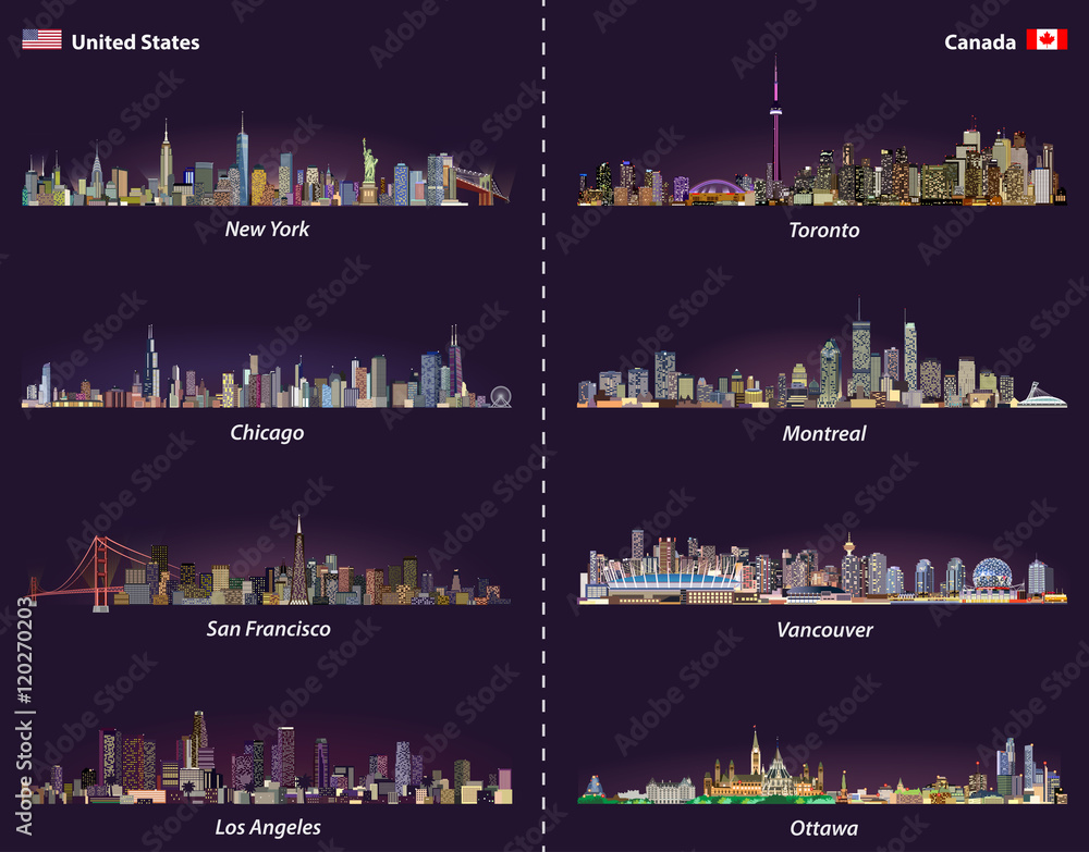 United States and Canadian cities skylines at night vector collection
