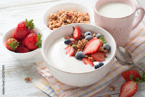 Yogurt with granola and berries.
