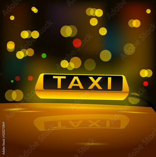 Glowing yellow taxi sign on the roof of the car in the night city. Blurred lights of the city at night.