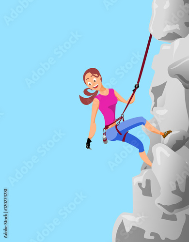 climber brunette girl clings to the safety belts on a cliff on t