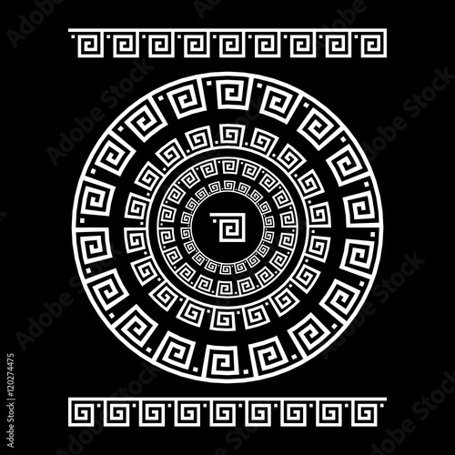 Circle ornament meander. Round frame, rosette of ancient elements. Greek national antique round pattern, vector. Rectangular pulse. Ancient seamless meandros border