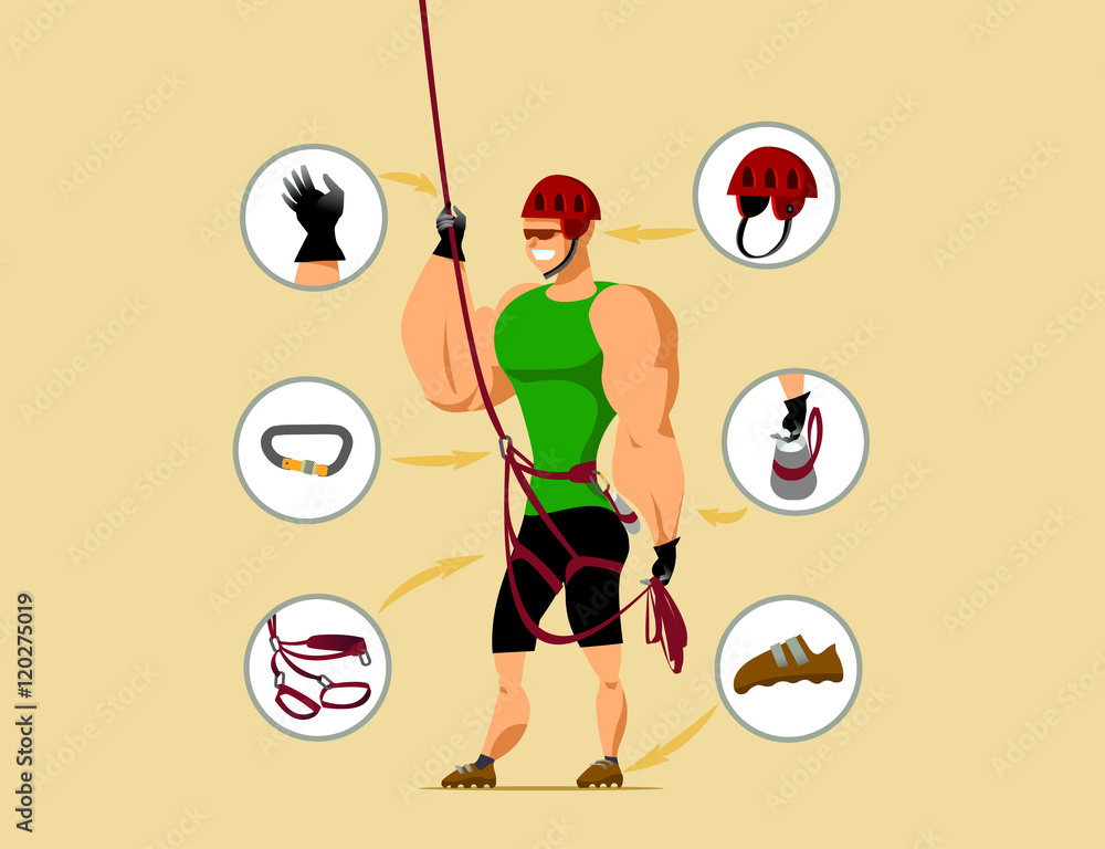 Fototapeta premium icon info graphic set climber with climbing equipment sranding f
