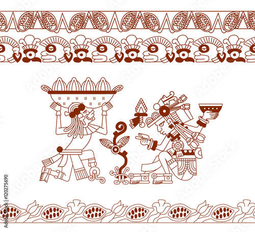 sketch drawing aztec cacao bean, leaves, nibs, pattern for choco