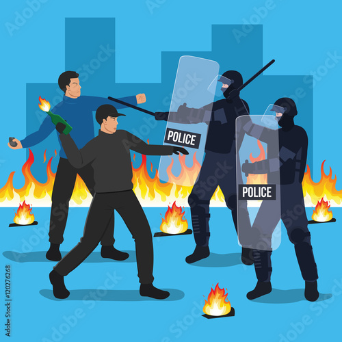 Riot police officers clash with protesters. Demonstration, protest concept illustration.