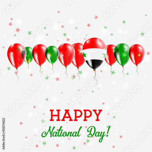 Syrian Arab Republic Independence Day Sparkling Patriotic Poster. Happy Independence Day Card with Syrian Arab Republic Flags, Confetti, Stars, Bokeh and Glitter.