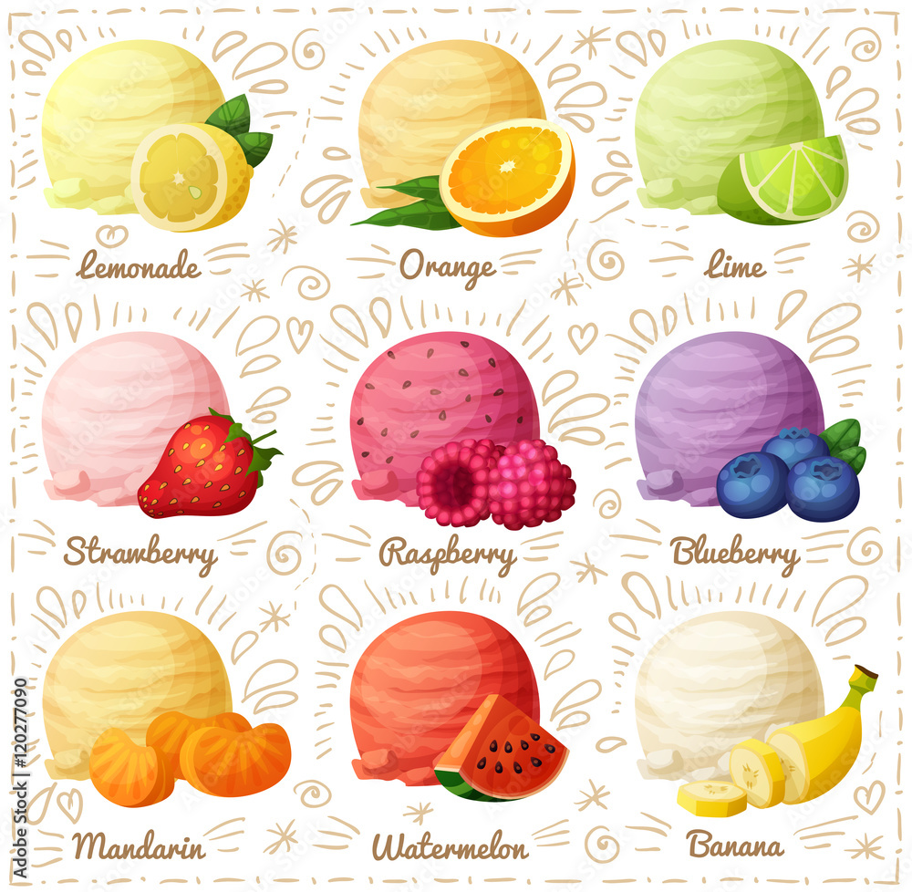 Set of cartoon vector icons isolated on white background. Ice cream