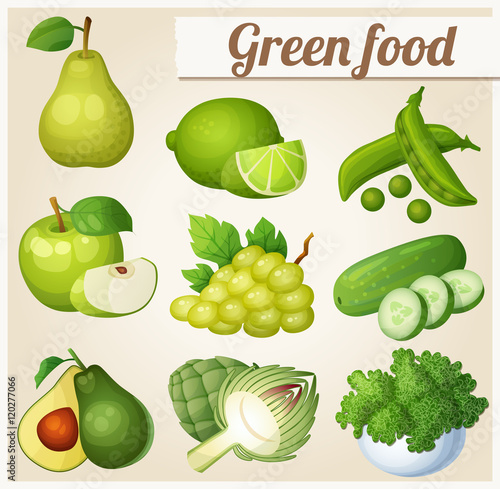 Set of cartoon food icons. Green food. Pear, lime, peas, apple, grapes, cucumber, avocado, artichoke, kale