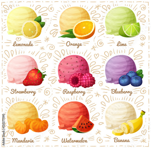 Set of cartoon vector icons isolated on white background. Ice cream scoops with different fruit and berry flavors. Lemon, orange, lime, strawberry, raspberry, blueberry, mandarine, watermelon, banana