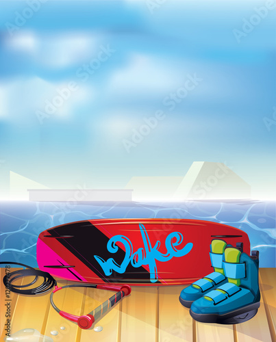 wakeboarding park. summer water extreme sport. vector illustrations.