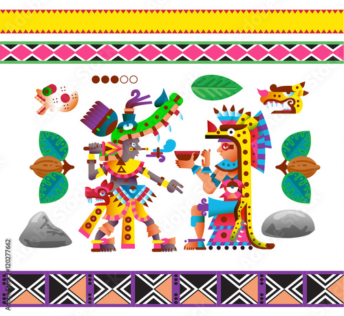 flat style aztec element collection with cacao bean, leaves, sto